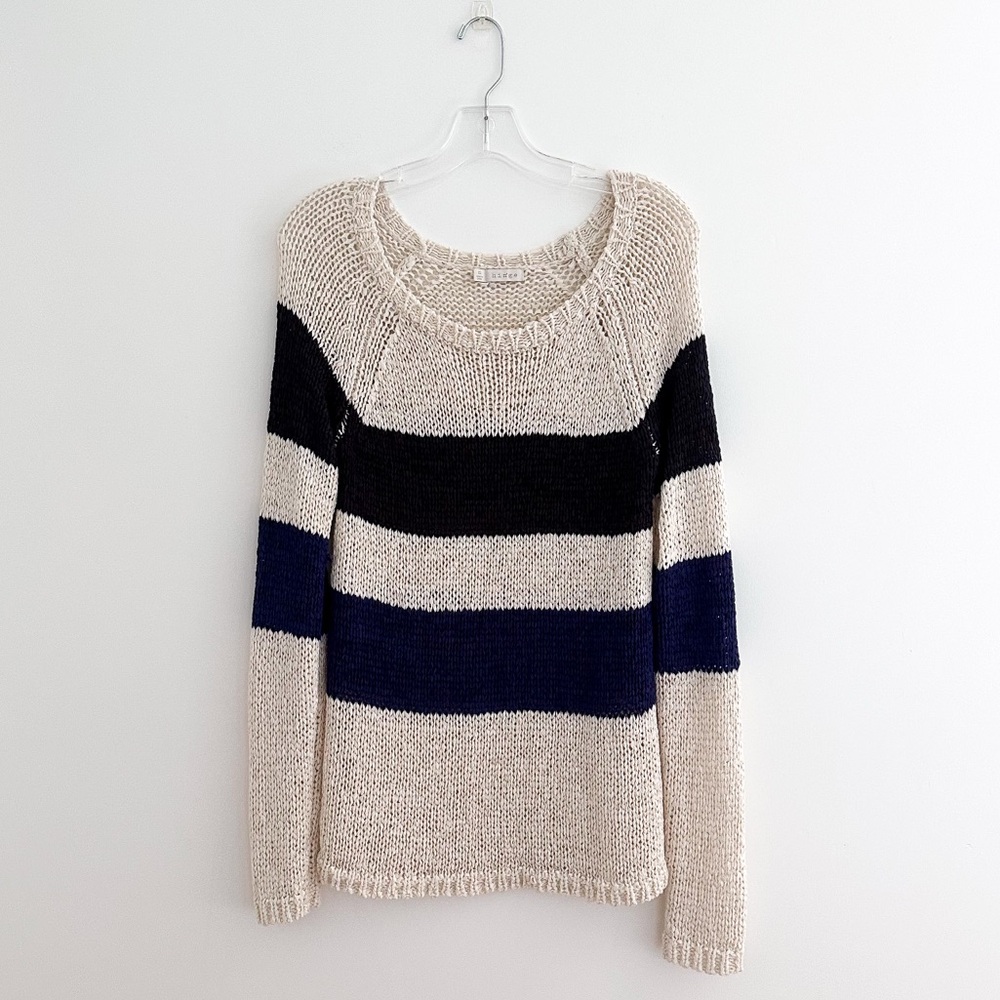 Hinge Cream, Black, and Blue Striped Sweater